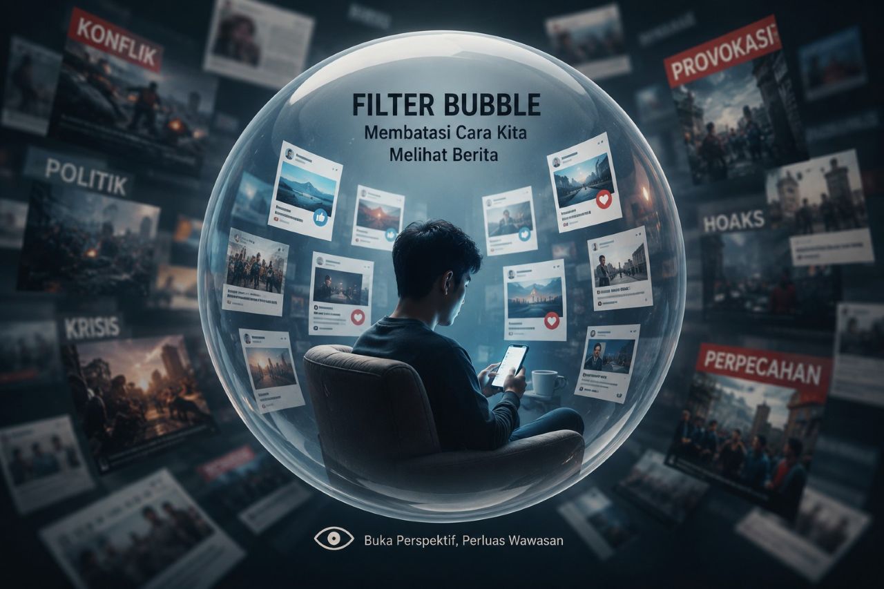 Ilustrasi seseorang dalam kondisi Filter Bubble ( Generated AI )
