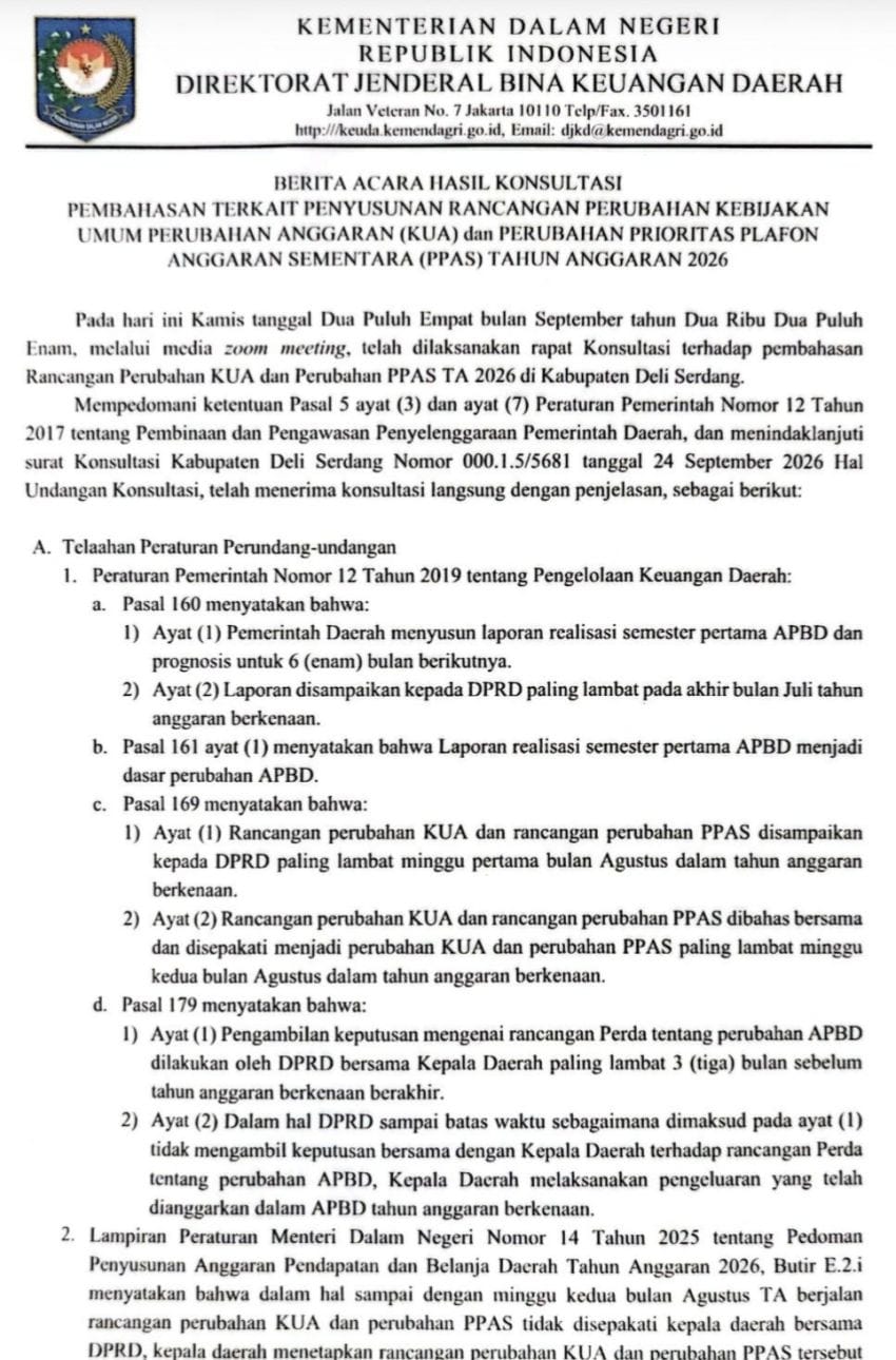 Rekom Kemendagri Perubahan KUA PPAS Deli Serdang Dapat Melalui Keputusan Kepala Daerah.