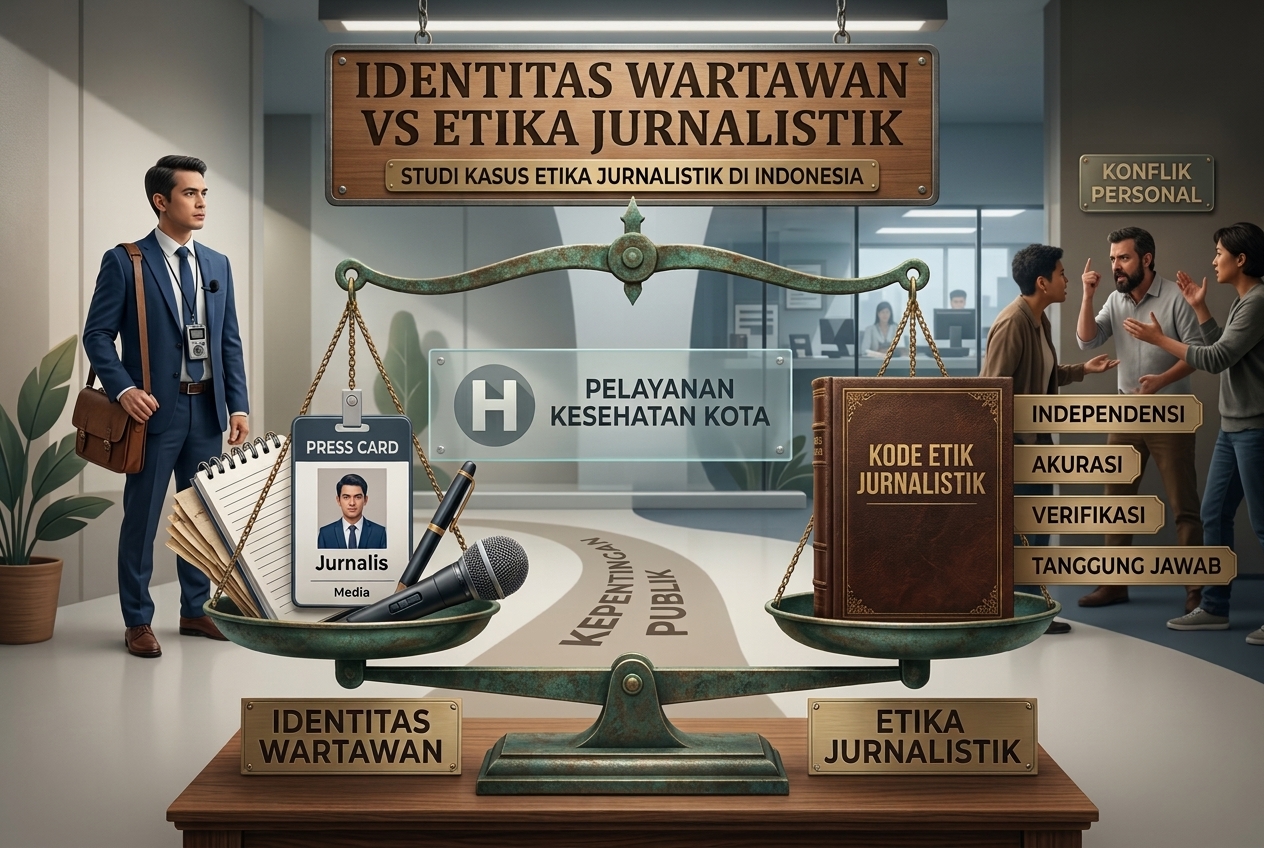 Ilustrasi AI tentang identitas wartawan dan etika jurnalistik.